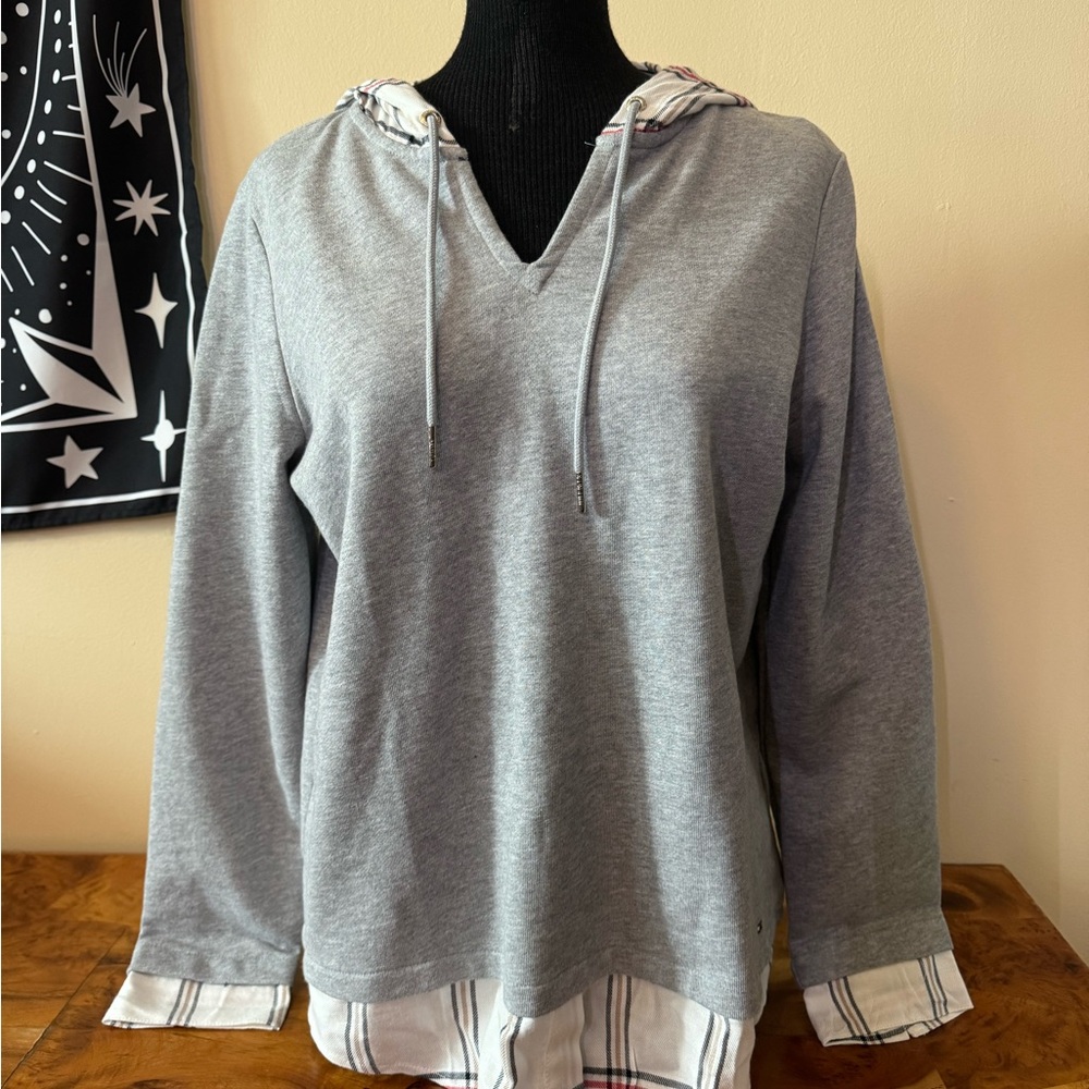 Tommy Hilfiger M Denim Hooded Gray Flannel Layered Sweatshirt Womens